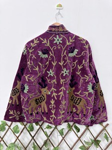 Ethnic Purple <b>Velvet</b> Floral Embroidered Suzani <b>Jacket</b> with Deer Print Full Sleeve Stand Collar Handmade Bohemian Autumn Coat - Product Image 5