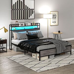 Struttura letto matrimoniale Queen Size con contenitore resistente, testiera imbottita con LED e stazione di ricarica, grigio cemento, caratteristiche King Size - Product Image 2