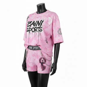 2026 New Women Premium Cotton Terry T Shirt Booty Short <b>Set</b> 240 GSM Soft <b>Tie</b> Dye Fabric Custom Puff Print Logo Women's <b>Sets</b> - Product Image 3