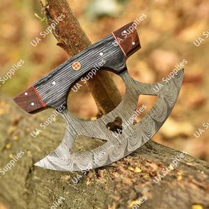 Couteau Ulu de haute qualité, lame en forme de croissant à motif Damas, manche en bois véritable, étui en cuir, couteau de cuisine pour hacher - Product Image 4