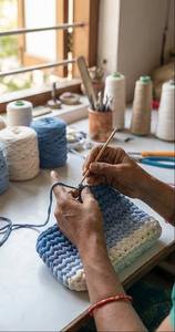 Mini Bolso de Cadena - Azul Degradado, Hecho a Mano, Étnico, Elegante, con Perlas, Dos Correas, Bolso de Hombro Boho, Tejido de Cordón de Algodón, Excelente Precio - Product Image 4