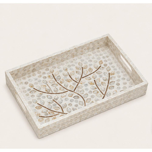Plateau de service rectangulaire en nacre incrustée fait main, motif mosaïque arbre, plateau décoratif de luxe pour table basse ou ottoman - Product Image 1