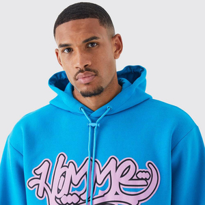Men Blue Hooded <b>Tracksuit</b> <b>Set</b> Cotton Streetwear Casual Eco-Friendly Full Length <b>Pink</b> Logo Print Front Elastic Waist Side Pockets - Product Image 5