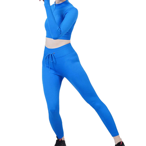 Women Yoga Set Quarter Zip <b>Crop</b> <b>Top</b> High Waist Full Length Leggings Solid Color Blue 2 Piece Activewear Breathable Spandex - Product Image 2