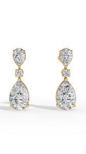 Boucles d'oreilles pendantes de créateur à double breloque avec combinaison de pierres rondes et en forme de poire, en or 18 carats, fournisseur de bijoux fins de luxe - Product Image 5