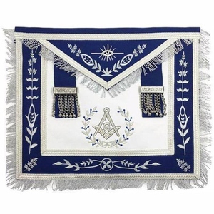 Delantal Masónico de Primera Calidad, Color Azul Rey, con Flecos Plateados, Cuero Blanco y Cordones, para la Logia Azul - Product Image 2