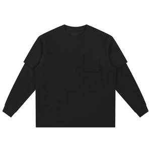 T-shirt à manches longues pour homme, 100% coton, 310 GSM, effet superposé, couleur unie, avec poche, pour l'automne, impression personnalisée, style universitaire - Product Image 3