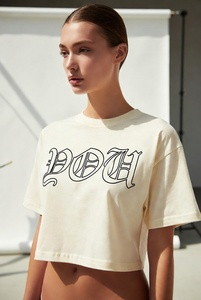Women's <b>Cream</b> <b>Crop</b> <b>Top</b> Crew Neck Short Sleeve Letter Print Casual T-Shirt Regular Fit Spring Summer 100% Cotton Jersey - Product Image 6