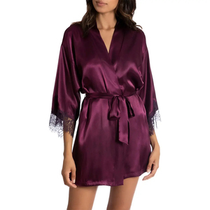 Women Satin Robe Three Quarter Sleeve Mandarin Collar Solid Color Purple Elegant Sleepwear Shorts <b>Elastic</b> Waist <b>Lace</b> Trim High - Product Image 1
