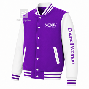 Veste universitaire personnalisée NCNW, violette et blanche, manches longues, fermeture éclair sur le devant, col à bande, logo brodé, coton - Product Image 2