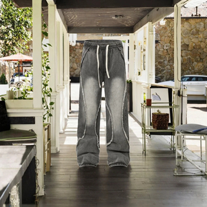 Pantalones Harem de Mezclilla Lavada para Hombre y Mujer, Ajuste Holgado, Cintura con Cordón, Diseño Desgarrado, Estilo Casual, Algodón de Peso Medio, Ropa de Otoño - Product Image 5