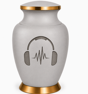 Elegante Urna Funeraria Gris Mate con Auriculares y Grabado de Icono de Chat, Urna Conmemorativa Premium para Amantes de la Música y Entusiastas de los Podcasts - Product Image 5