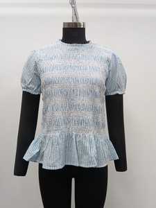 Haut décontracté rayé en coton tissé respirant à manches courtes, col rond, coupe froncée évasée et ourlet à volants, pour le printemps et l'été - Product Image 1