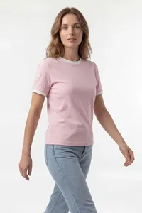 T-shirt rose à manches courtes pour femmes, couleur unie, col rond, haut décontracté d'été - Product Image 5