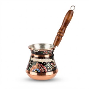 Cafetera Turca Cezve de Cobre Pintada a Mano con Esmalte Colorido, Arte Folclórico Floral Griego Briki, para Estufa, con Mango de Madera - Proveedor - Product Image 1