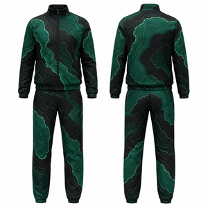 Conjunto Deportivo para Hombre con Estampado Topográfico Verde y Negro, Chaqueta con Cremallera Completa y Pantalones con Bolsillos Laterales, Material de Poliéster para Otoño - Product Image 1