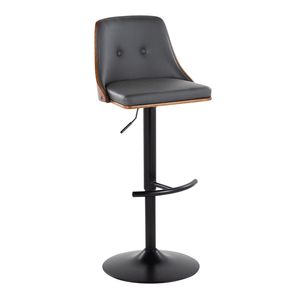 Tabouret de bar réglable Gianna de style moderne du milieu du siècle, pivotant, en métal noir et bois de noyer, simili cuir gris, pied en T arrondi - Product Image 2
