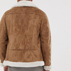 Blouson en daim pour homme avec doublure en fausse fourrure, fermeture éclair, style moto, chaud pour l'hiver, coupe régulière épaisse, col rabattable - Product Image 5