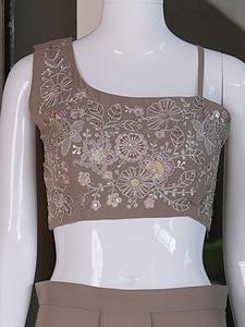 Brown Embroidered Georgette Lehenga Set Floral Spaghetti Strap Crop <b>Top</b> Pleated Maxi Skirt Party Wear - Product Image 6