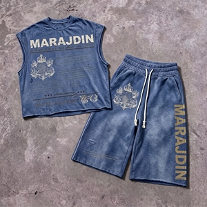 Streetwear Custom Dtg Printing Raw Hem Cut Edge Graphic Acid Wash Sleeveless T Shirt and Sweat Shorts Set tank Top <b>Men</b> - Product Image 4