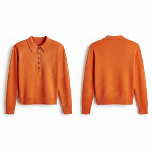 Polo en gros élégant marron en maille avec col boutonné, doux et confortable, à manches longues, décontracté, en coton et polyester - Product Image 4