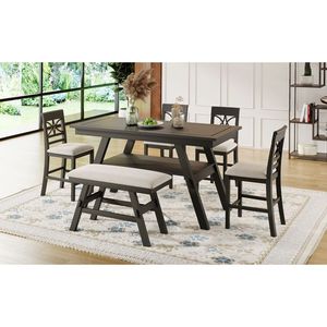 TOPMAX stile rustico 6 pezzi tavolo da pranzo altezza bancone legno Set mensola di stoccaggio tavolo da cucina panca 4 sedie Espresso + Beige - Product Image 2
