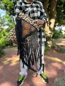 Nuevo superventas cuero mecanizado a mano mujeres occidentales bandolera monedero pelo en piel de vaca flecos ocultar llevar bolso Buck Stitch monedero - Product Image 3