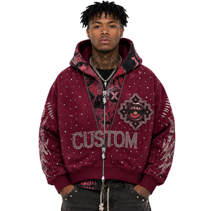 Sudadera con capucha para hombre al por mayor, de doble capa, con cremallera, corte cropped y holgado, con apliques de pedrería y bordados gráficos, estilo streetwear - Product Image 1