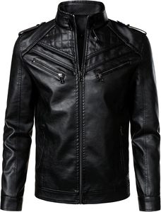 <b>Men</b> Black PU <b>Leather</b> Moto Biker <b>Jacket</b> Zipper Front Stand Collar Solid Color Regular Sleeve Autumn Style Slim Fit - Product Image 1