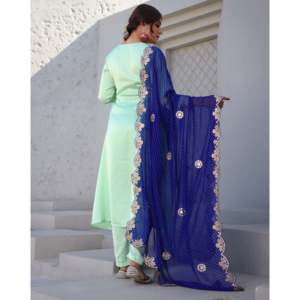Ensemble de costume en mousseline de soie vert et bleu respirant pour femme Anisha, taille XS - Product Image 4