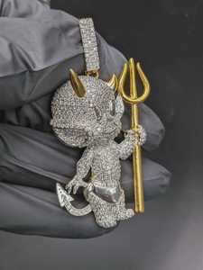 Pendentif Moissanite Rond Brillant en Forme de Diable de Dessin Animé, Plaqué Or 18K, Argent Sterling 925, Breloque Thème Hip Hop Unisexe - Product Image 3