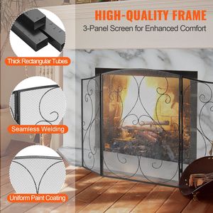 3-Panel Sturdy Iron Mesh <b>Fireplace</b> Screen 48\"L X 30.2\"H Free Standing Vintage Black Spark Guard <b>Cover</b> Easy Home Decor for - Product Image 3