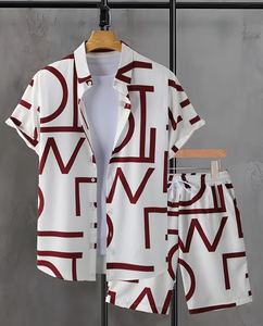 Men's White Red Floral Print Short Sleeve Shirt Set Casual Summer Breathable Woven Polyester 180g Shorts Button-Up Top - Product Image 1