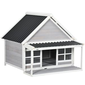 Cuccia per Cani di Taglia Media-Grande in Legno con Veranda, Tetto Inclinato Rettangolare e Porta Anteriore, Villa da Esterno con Finestre - Product Image 1
