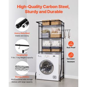 Scaffale portaoggetti singolo regolabile per lavatrice/asciugatrice, a 3 livelli, per lavanderia, con asta appendiabiti e ganci per biancheria da letto - Product Image 3