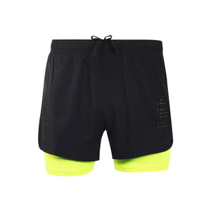 Adult Men's Black Double <b>Layer</b> Sport Shorts With Neon Green Inner Quick Dry Breathable Drawstring Waist Short Length - Product Image 1