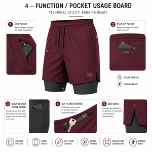 Short de sport 2-en-1 pour homme, couleur bordeaux unie, taille mi-haute avec cordon de serrage, séchage rapide, respirant, idéal pour la course à pied - Product Image 4