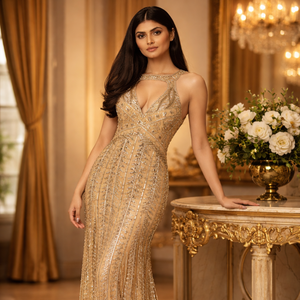 Premium Hand Embellished <b>Sequin</b> Beaded Mermaid V-neck Designer Gown | Breathable Floor Length Modern Resort Beach Event Wear | - Product Image 1