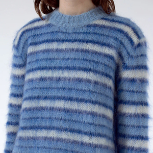 Pull en mohair rayé bleu pour femme, col rond, manches longues, décontracté, mi-long, anti-boulochage, couleur dégradée - Product Image 6