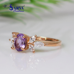Bague en Améthyste Naturelle Plaqué Or 14 carats Argent Sterling 925 Zirconium Pierre Précieuse Ovale Motif Feuille Florale Bijou Tendance Femme - Product Image 3