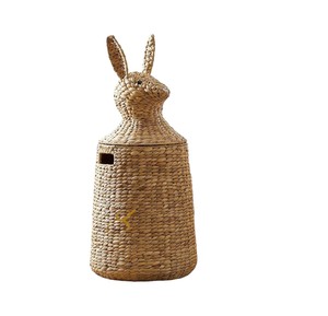 Cute Animal Bunny Woven Water Hyacinth Storage <b>Basket</b> with <b>Handles</b> Lid <b>Wicker</b> Bin Boho Kids Nursery Room Decor Box - Product Image 1