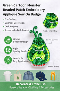 Green Cartoon Monster Beaded <b>Patch</b> Embroidery Applique <b>Sew</b> <b>On</b> Badge for Clothing Garment Craft Decoration Accessory - Product Image 6
