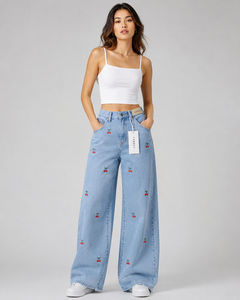 Jean Fawkes taille haute coupe large délavé clair brodé en denim décontracté pour femme – Prix de gros imbattable, personnalisable - Product Image 1