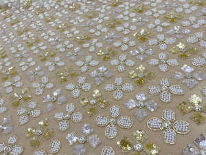 Nuevo Diseño de Tela de Tul con Cuentas Doradas Champán, Lentejuelas Florales 3D, Encaje para Vestido de Novia, Vestido de Noche, Venta al por Mayor - Product Image 4