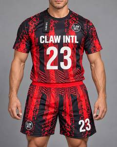 Maillot de football CLAW INTL pour homme, rouge et noir, sublimé, col rond, manches courtes, en polyester respirant, coupe athlétique - Product Image 1