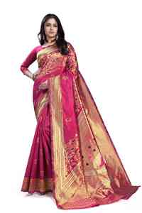 Sari en soie rose avec broderie dorée pour femmes, Inde, Pakistan, tenue de mariage traditionnelle, sari coupe classique, longueur au sol. - Product Image 4