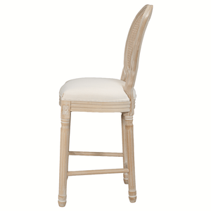 Set of 2 French Country <b>Bar</b> <b>Stools</b> <b>Wooden</b> with Rattan Back & Beige Upholstered Seating Natural Color - Product Image 4