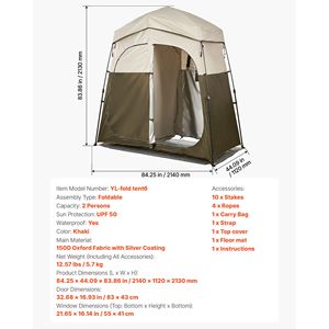 Carpa de Ducha para Camping, 2 Habitaciones, Plegable, Portátil, Vestidor Privado con Estacas, Cuerdas y Bolsa de Transporte - Oxford 150D - Product Image 6