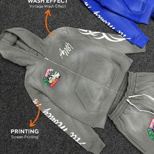 Survêtement Homme Hiver Premium en Coton Polaire Lavage Vintage Impression Sérigraphique Broderie Respirant Léger Fermeture à Cordon - Product Image 3