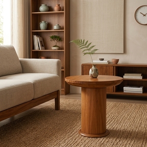 Table basse ronde en teck avec plateau en bois et pieds sur piédestal, finition naturelle, pour salon, appartement, hôtel, modèle TAB47 - Product Image 6